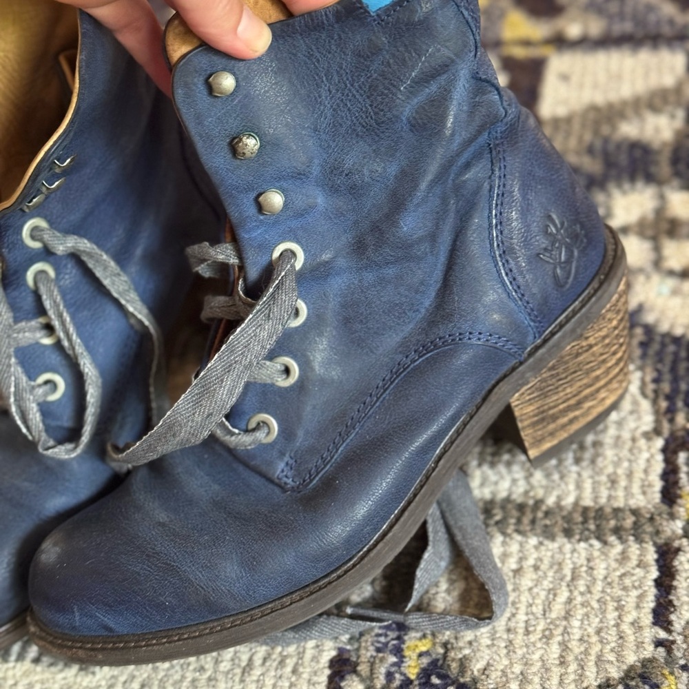 John Fluevog Blue Lace Up Boots with Distressed Leather